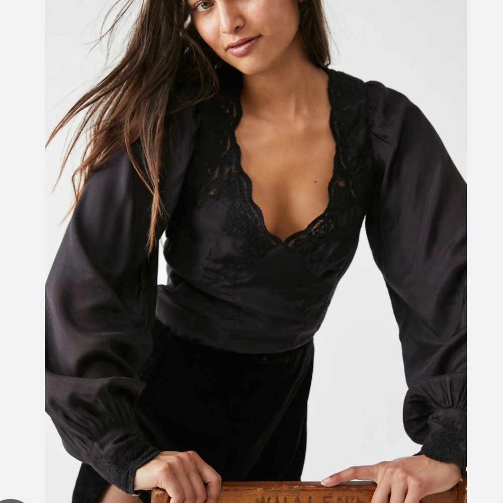 Free People Janelle Lace Blouse Top Black
